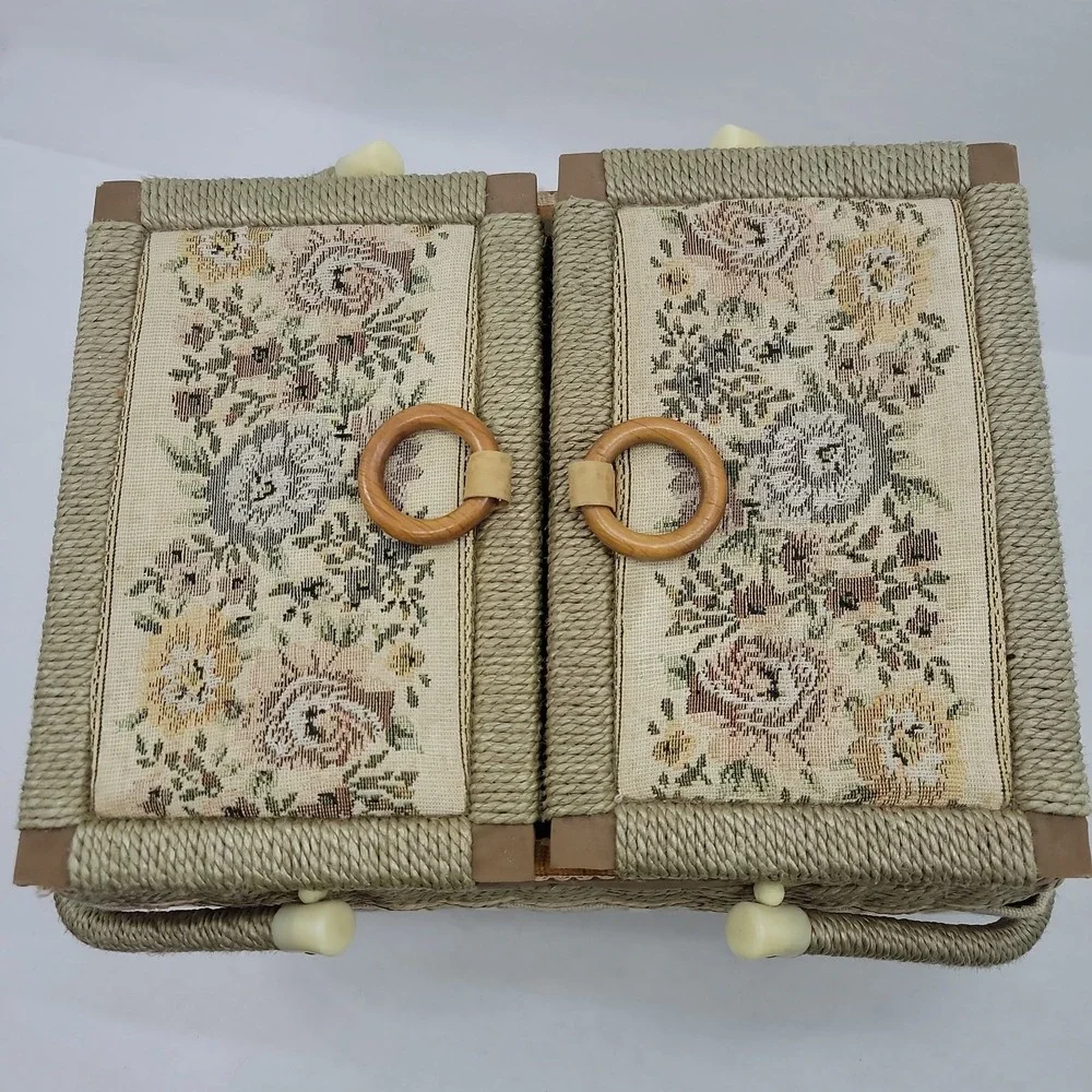 Vintage Wicker Floral Tapestry Sewing Basket Box Double Lid Wood Handle W/ Tray